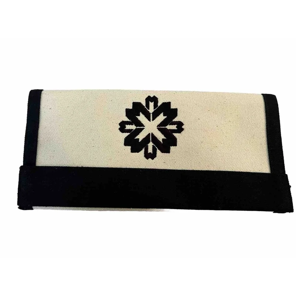 QBS Designs Clutch Fold Over Ivory Navy Embroidered Snowflake Medallion Linen